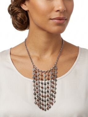 Boho Necklace Diamond Pattern Bib Style Silver With Amber & Turquoise Color